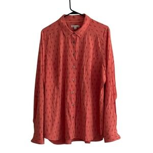 ORVIS Button Up Shirt Blouse Womens Sz XL Orange Leaf Print Roll-Tab Sleeve Fall